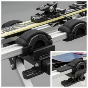 Close-up view of the padded clamping mechanism on a hitch ski rack, demonstrating how it securely holds skis and snowboards without damage.