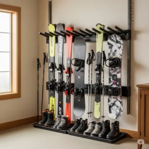 Versatile ski and snowboard rack accommodating various winter sports equipment.