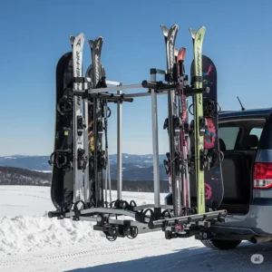 Various skis and snowboards safely mounted vertically on a premium hitch ski rack, highlighting ample carrying capacity.