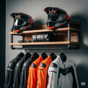 A sleek, industrial-style wall-mounted rack holding two black and orange full-face motorcycle helmets, a wooden shelf with a black pouch, and hanging black, orange, and white motorcycle jackets. An excellent example of helmet and armor storage.