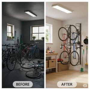 Before-and-after visual demonstrating how a vertical wall bike rack frees up floor space.