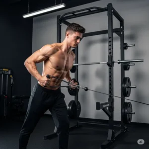 Athlete demonstrating a cable row exercise using the low pulley on a squat rack, engaging back and bicep muscles.