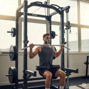An individual performing a lat pulldown exercise using the high pulley attachment on a squat rack with a pulley system
