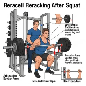 A detailed illustration showing how a lifter uses the adjustable spotter arms on a squat rack for re-racking the barbell after a squat.