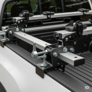 Detailed view of the mounting hardware for a ski rack on a Toyota Tacoma truck bed.
