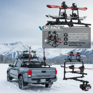 Various ski rack options available for the Toyota Tacoma, including roof and hitch mounts.