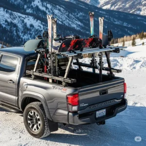A versatile ski and snowboard rack fitted on a Toyota Tacoma, ready to transport winter gear.