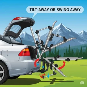 An animated illustration showing a hitch ski rack with a convenient tilt-away or swing-away feature, allowing easy access to the vehicle's rear hatch.