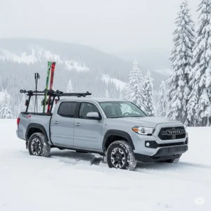 Toyota Tacoma equipped with a ski rack parked in a snowy mountain landscape, highlighting its suitability for winter sports.