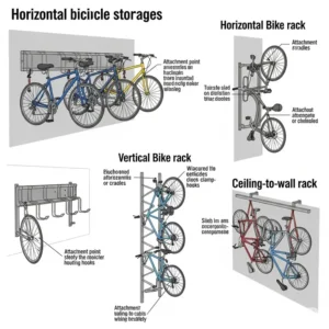 Diagram illustrating various types of wall mounted bike racks, including horizontal, vertical, and ceiling-to-wall options.