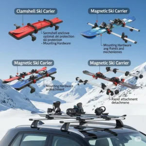 Different types of ski carriers available for car roofs, including clamshell and magnetic options.