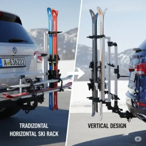 Comparison illustration showing both vertical and horizontal styles of hitch ski racks, highlighting their different carrying orientations.
