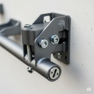 Close-up view of the sturdy mounting hardware and secure mechanism of a wall mounted bike rack.