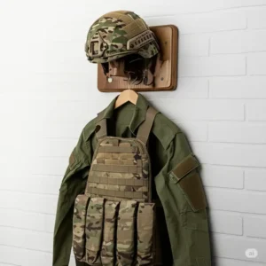 A wooden wall-mounted tactical gear hanger securely holding a camouflage military helmet and a tactical vest against a clean white brick wall. A simple yet effective solution for armor and helmet storage.