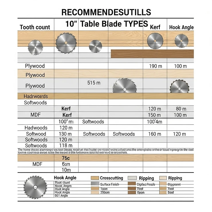 Chart or diagram recommending specific 10-inch table saw blade types or tooth counts for optimal cutting of different wood materials like plywood and hardwoods.