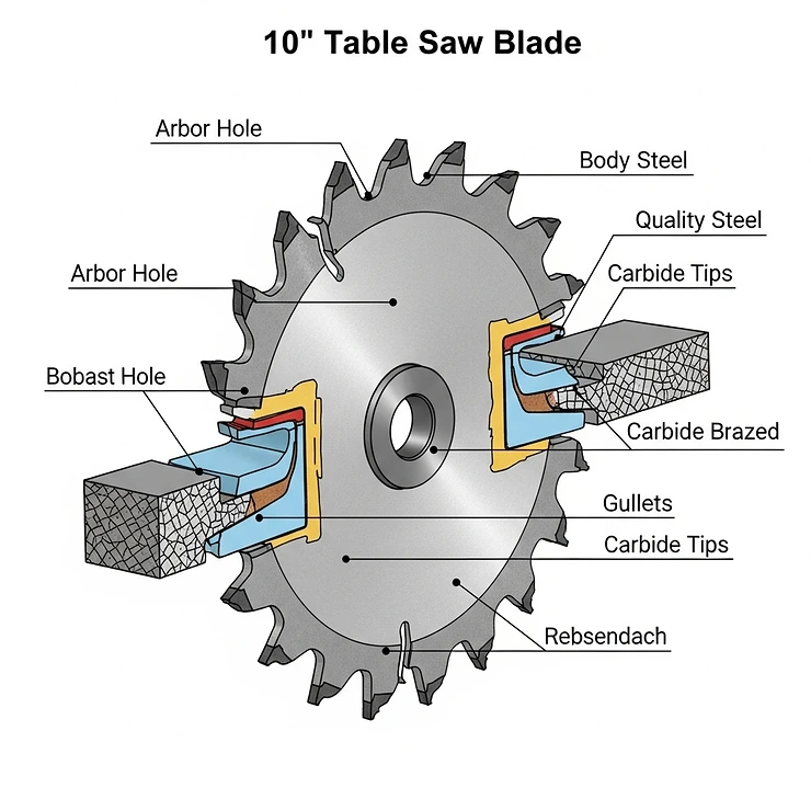 Detailed illustration showing the key parts of a 10-inch table saw blade, including the arbor hole, body, gullets, and carbide tips, highlighting its construction.