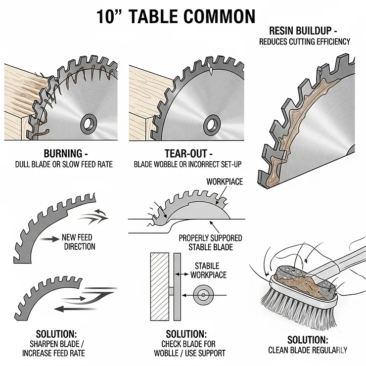 An illustration depicting common issues encountered with 10 inch table saw blades, such as burning or tear-out, along with visual solutions and troubleshooting tips.