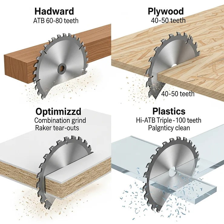 Visual guide demonstrating the best 10 inch table saw blades for cutting different materials like hardwoods, plywood, melamine, and plastics, ensuring optimal results and blade longevity.