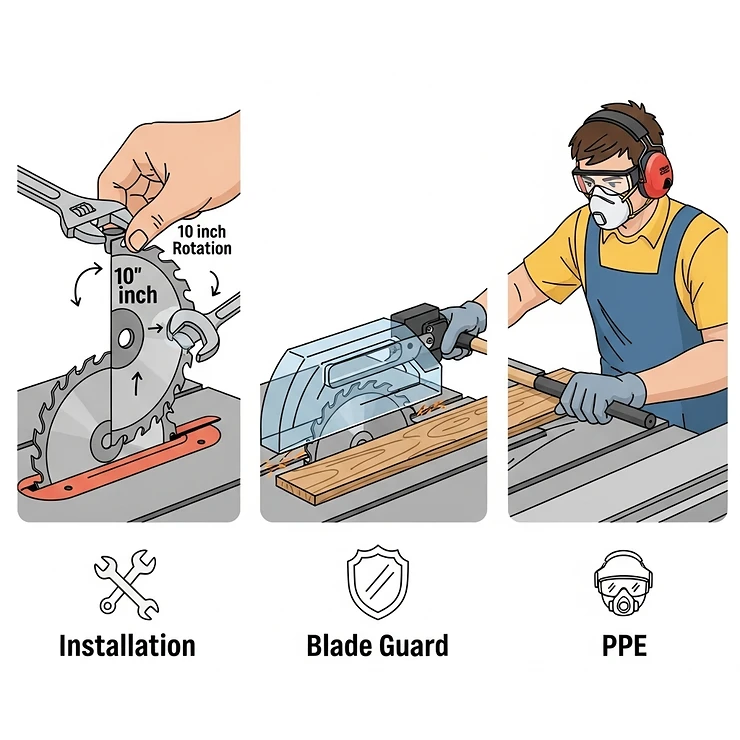 An illustration emphasizing crucial safety practices when using a 10 inch table saw blade, including correct installation, using the blade guard, and wearing appropriate personal protective equipment.