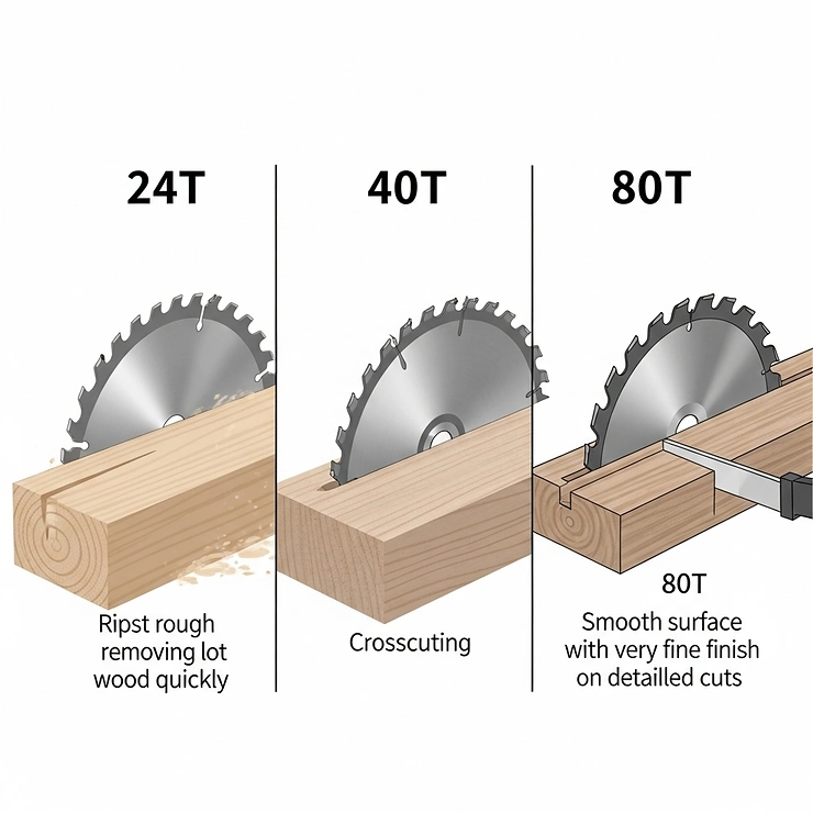Visual comparison of various 10-inch table saw blades with different tooth counts (e.g., 24T, 40T, 80T), illustrating their suitability for ripping, crosscutting, and fine finishes.