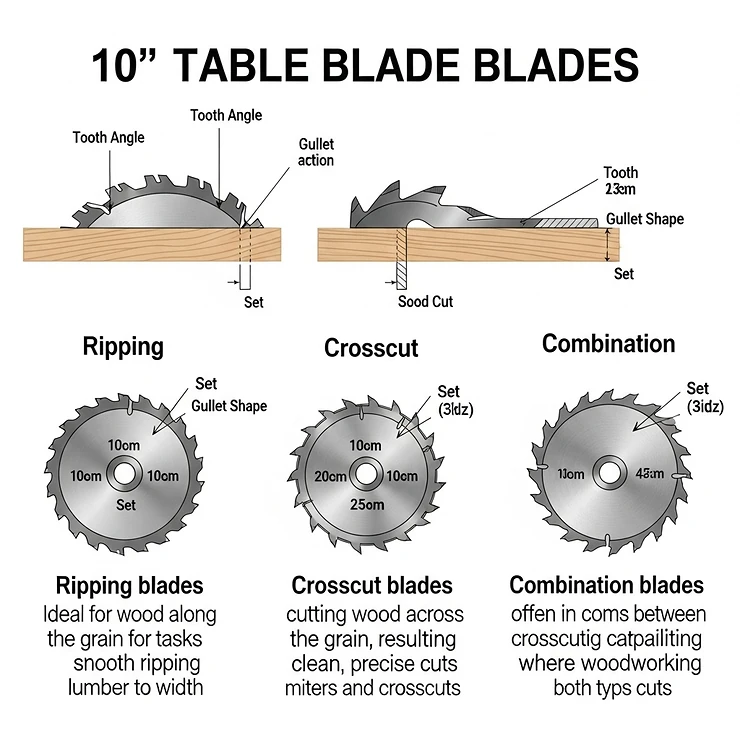 Diagram showcasing the main types of 10-inch table saw blades: ripping, crosscut, and combination blades, explaining their specific applications in woodworking.