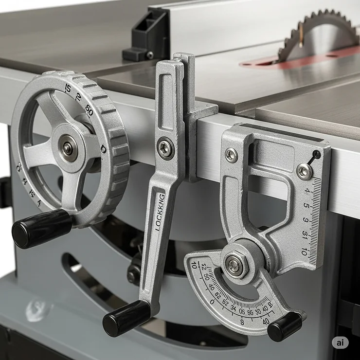 Close-up of the blade adjustment mechanism on a 12 inch table saw, showing controls for height and bevel settings.