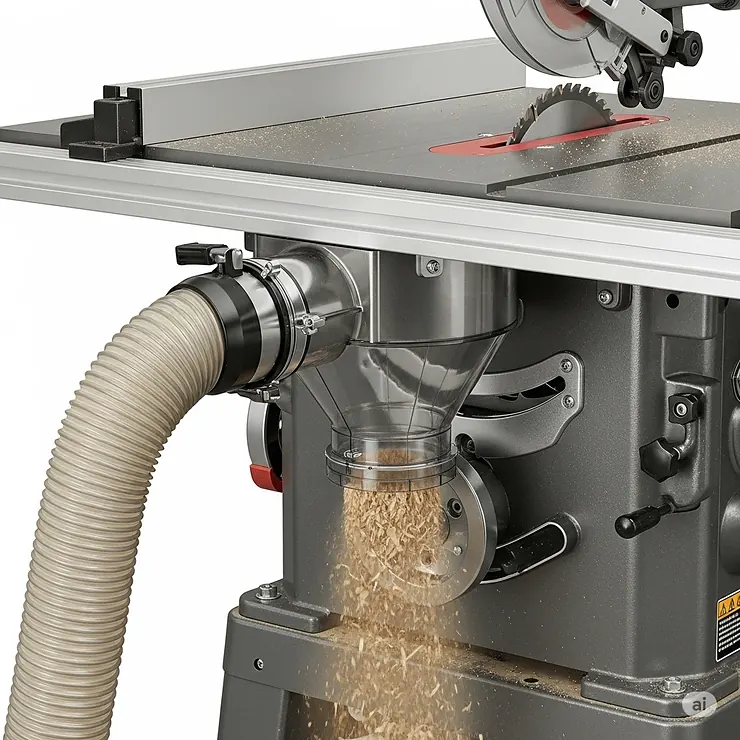 Efficient dust collection port on a 12 inch table saw, designed to keep the workspace clean and improve visibility.