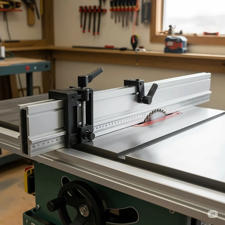 Accurate fence system on a 12 inch table saw, ensuring straight and consistent cuts for professional results.