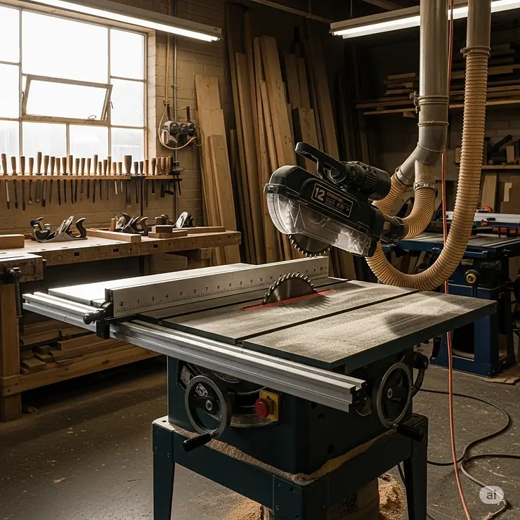 Powerful 12 inch table saw in a woodworking shop, perfect for precision cuts on large lumber.