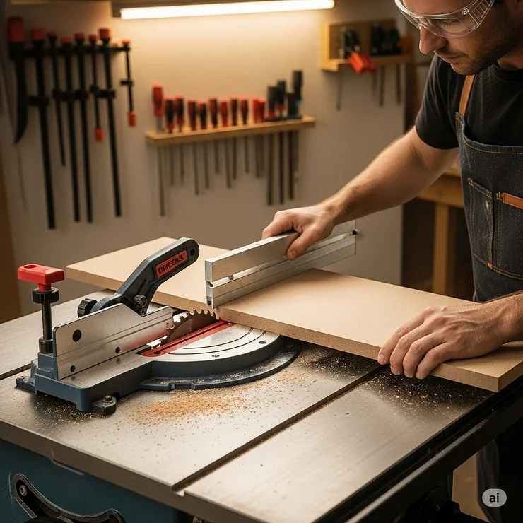 User demonstrating the miter gauge with a 12 inch table saw for precise angled cuts on woodworking pieces.