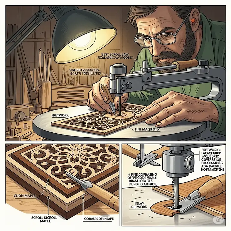 An illustration demonstrating advanced scroll saw techniques like fretwork and marquetry, showcasing the intricate possibilities with the best scroll saw models.