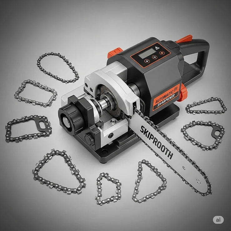 Automatic chainsaw sharpener shown with various types of saw chains, highlighting its broad compatibility.