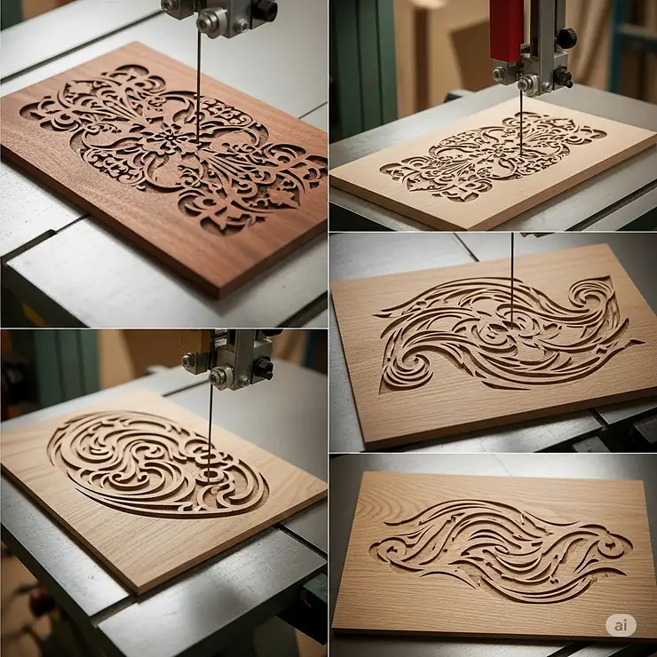 A collection of intricate and curved cuts achieved with a band saw, demonstrating its versatility for detailed and complex woodworking.