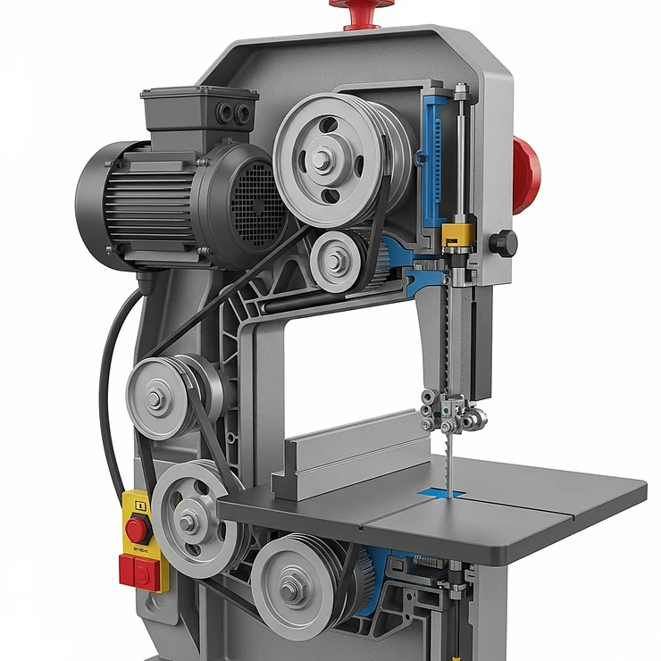 Detailed cutaway illustration revealing the powerful motor and precise drive mechanism of a modern band saw, emphasizing its internal quality.