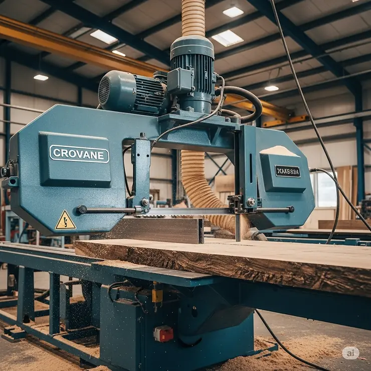 An industrial band saw efficiently resawing a thick piece of lumber, demonstrating its capacity for large-scale woodworking projects.