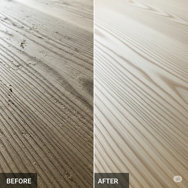 A split image showing the before and after results of a project sanded with a belt sander, showcasing the smooth finish achieved.