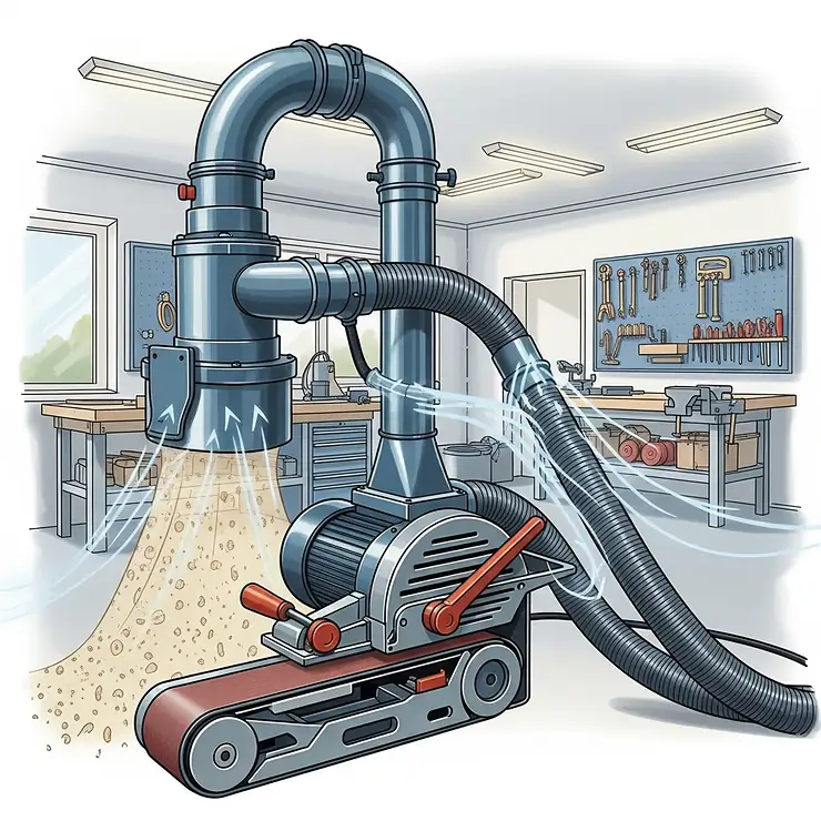 Illustration of a belt sander connected to a dust collection system, showcasing its ability to maintain a clean and safe workshop environment.