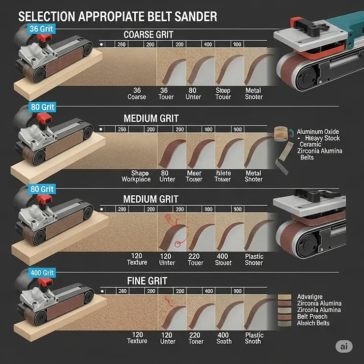 Visual guide on selecting the appropriate abrasive belt grit for various sanding tasks, from coarse material removal to fine finishing with a belt sander.