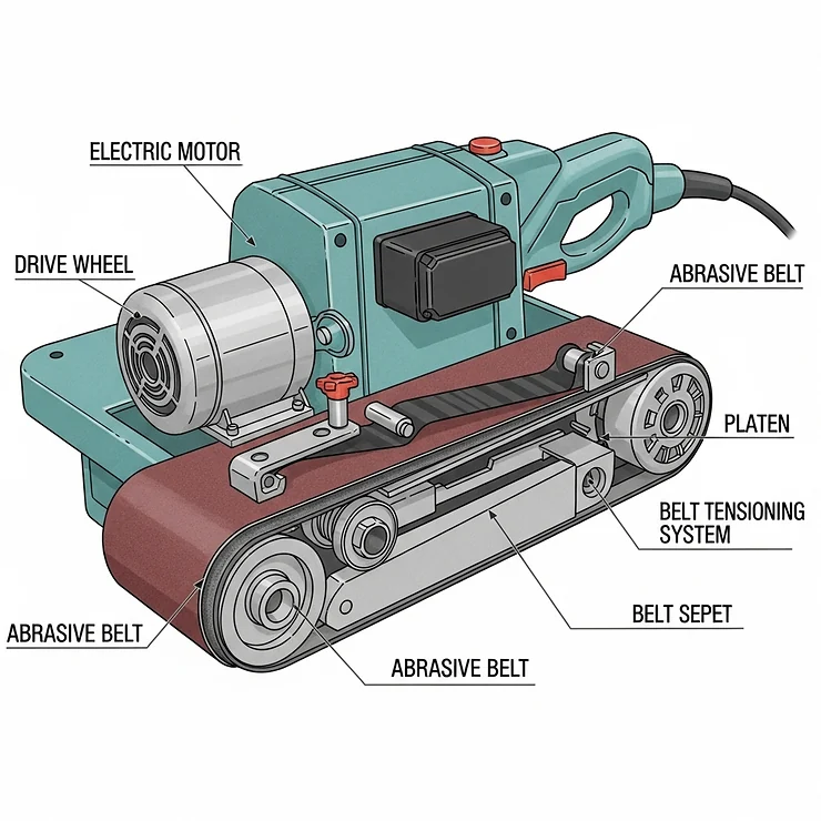 Diagram illustrating the key components of a belt sander, such as the motor, platen, and abrasive belt, for better understanding of this powerful sander.