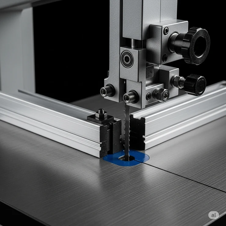Close-up of a benchtop bandsaw's blade guide system, highlighting the precise adjustments that contribute to clean, accurate cuts, a key feature in the best benchtop bandsaws.