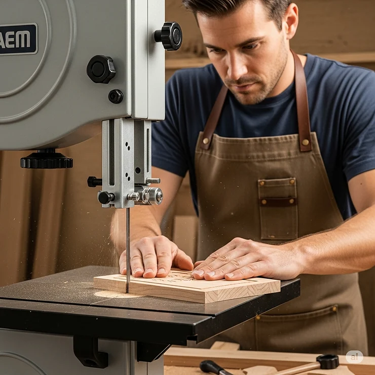 A skilled woodworker carefully guiding a piece of hardwood through a benchtop bandsaw, demonstrating its ability to make intricate cuts for various woodworking projects.