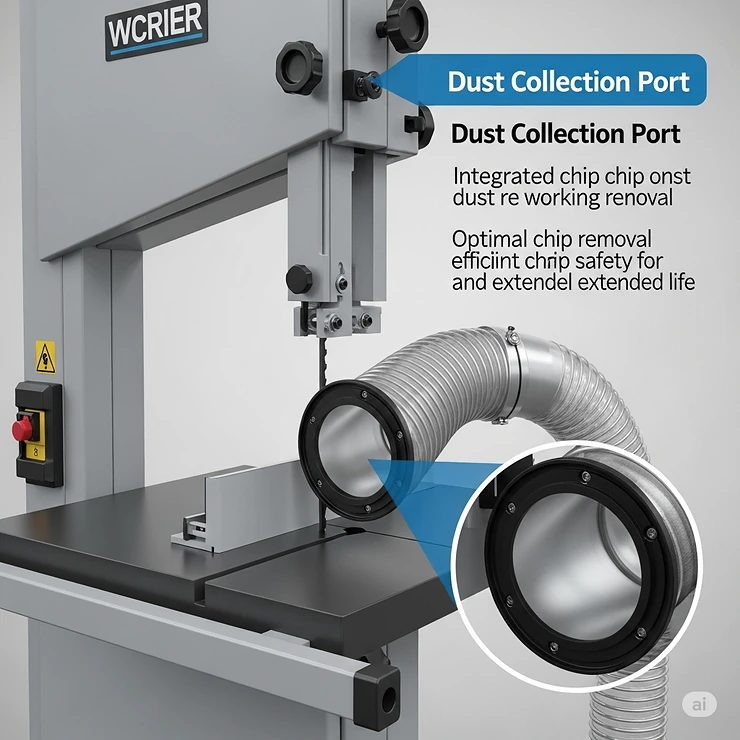 Detailed shot of a benchtop bandsaw's integrated dust collection port, emphasizing the importance of a clean work environment and efficient chip removal.
