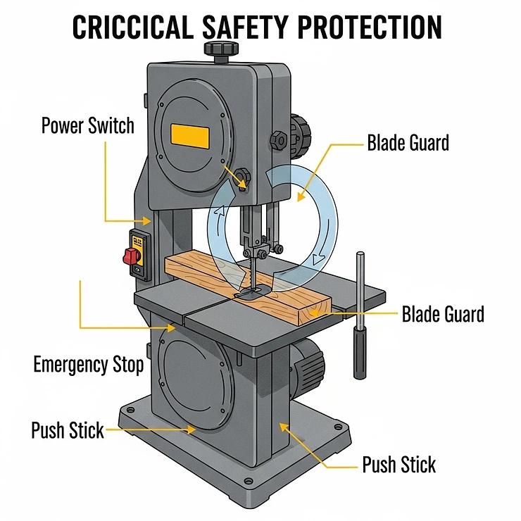 An illustration pointing out essential safety features on a benchtop bandsaw, such as blade guards, power switch, and push stick, crucial for user protection.