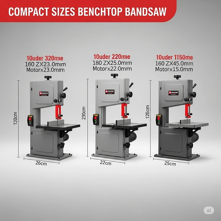 A side-by-side comparison of different sized benchtop bandsaws, illustrating the compact footprint and portability that makes them ideal for small workspaces and DIY enthusiasts.