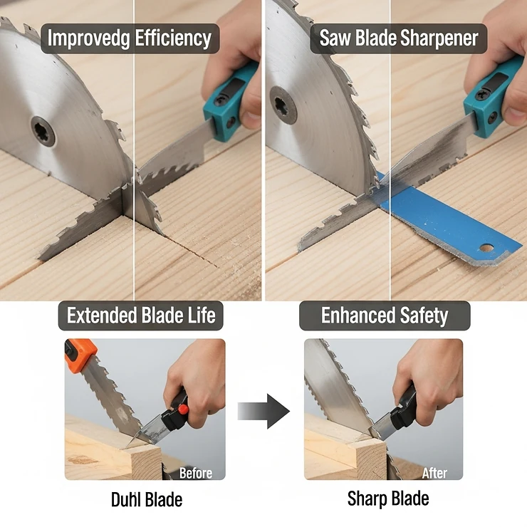 Visual representation of the benefits of using a saw blade sharpener, including improved cutting efficiency, extended blade life, and enhanced safety.