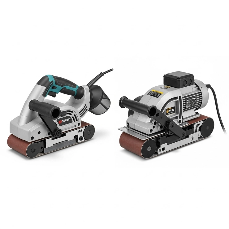 A side-by-side visual comparison of two different models of belt sanders, hinting at the options available when choosing the best belt sander for specific needs.