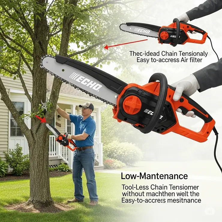 Modern electric chainsaw from a top brand, ideal for residential use, emphasizing ease of use and low maintenance.