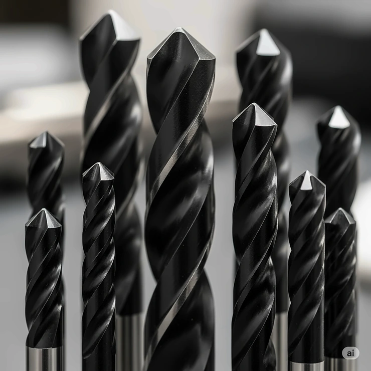 Close-up of carbide-tipped drill bits, recognized for their extreme hardness and suitability for drilling very tough or abrasive metals. These are among the best drill bits for heavy-duty industrial applications.