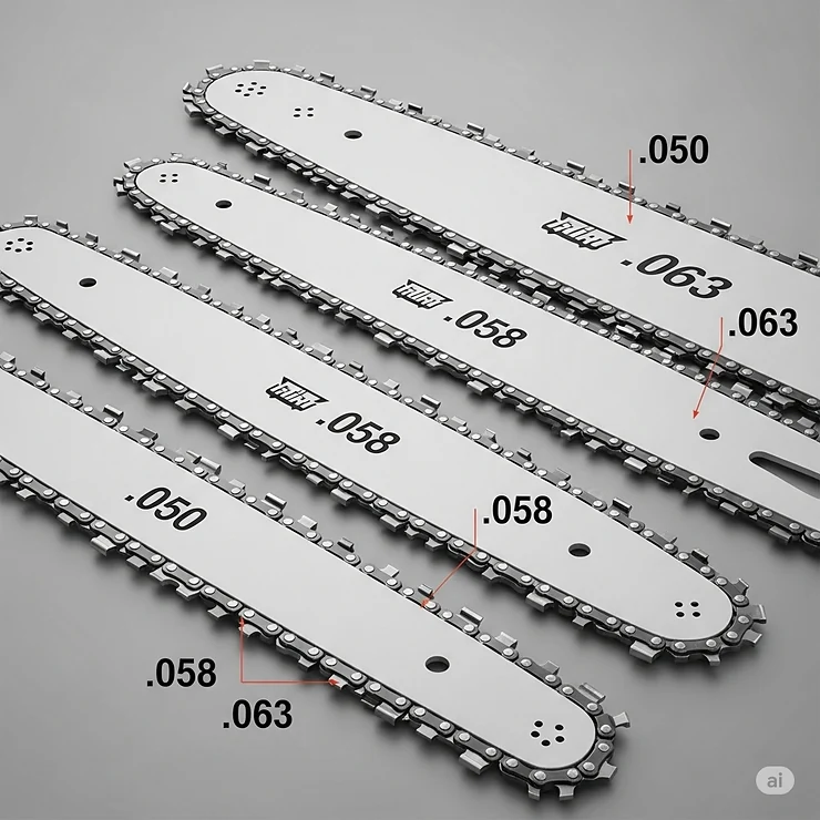 Illustration showcasing different chainsaw chain sizes and gauges, such as .050, .058, and .063, helping users identify the best chainsaw chain fit for their saw.