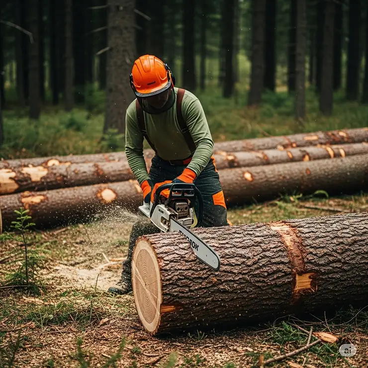 Professional using a top-rated gas chainsaw to efficiently cut a large log in a forest, demonstrating power and precision.